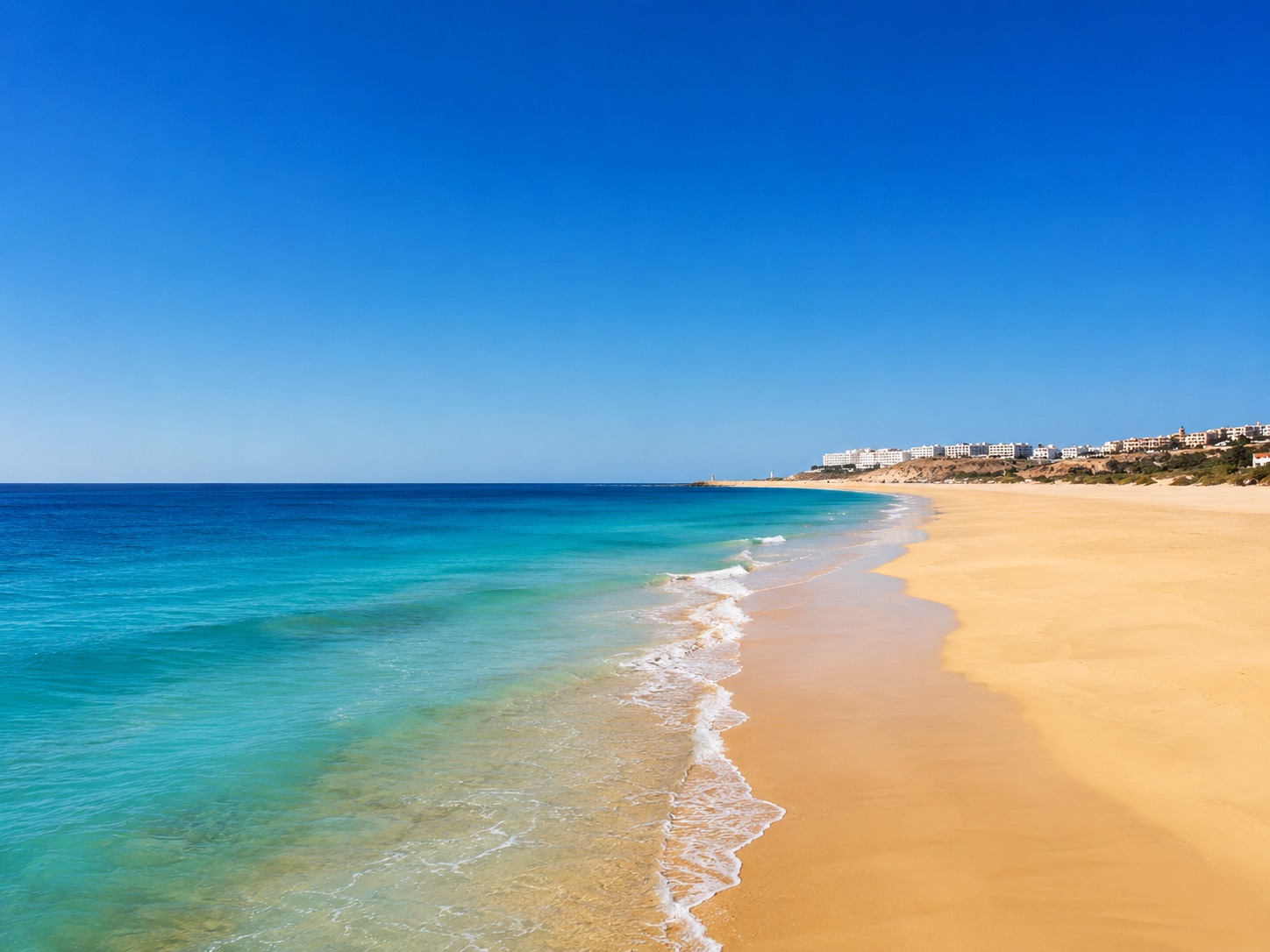 Weiße Wanderdünen von Corralejo am türkisen Meer auf Fuerteventura