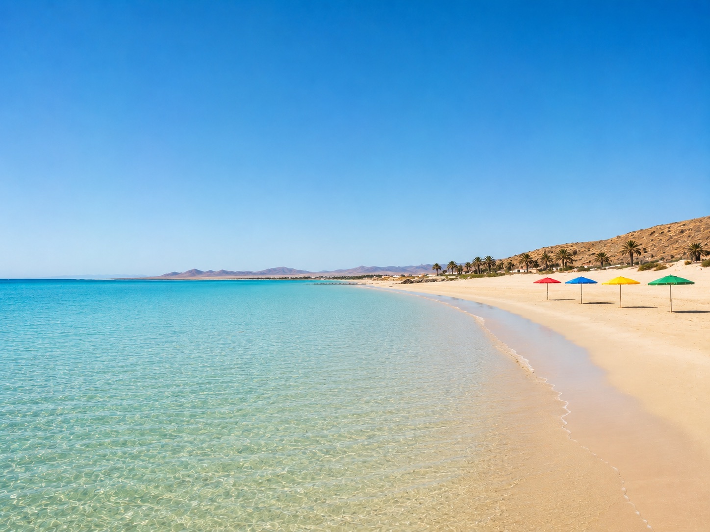 Flache, helle Sandbucht auf Fuerteventura
