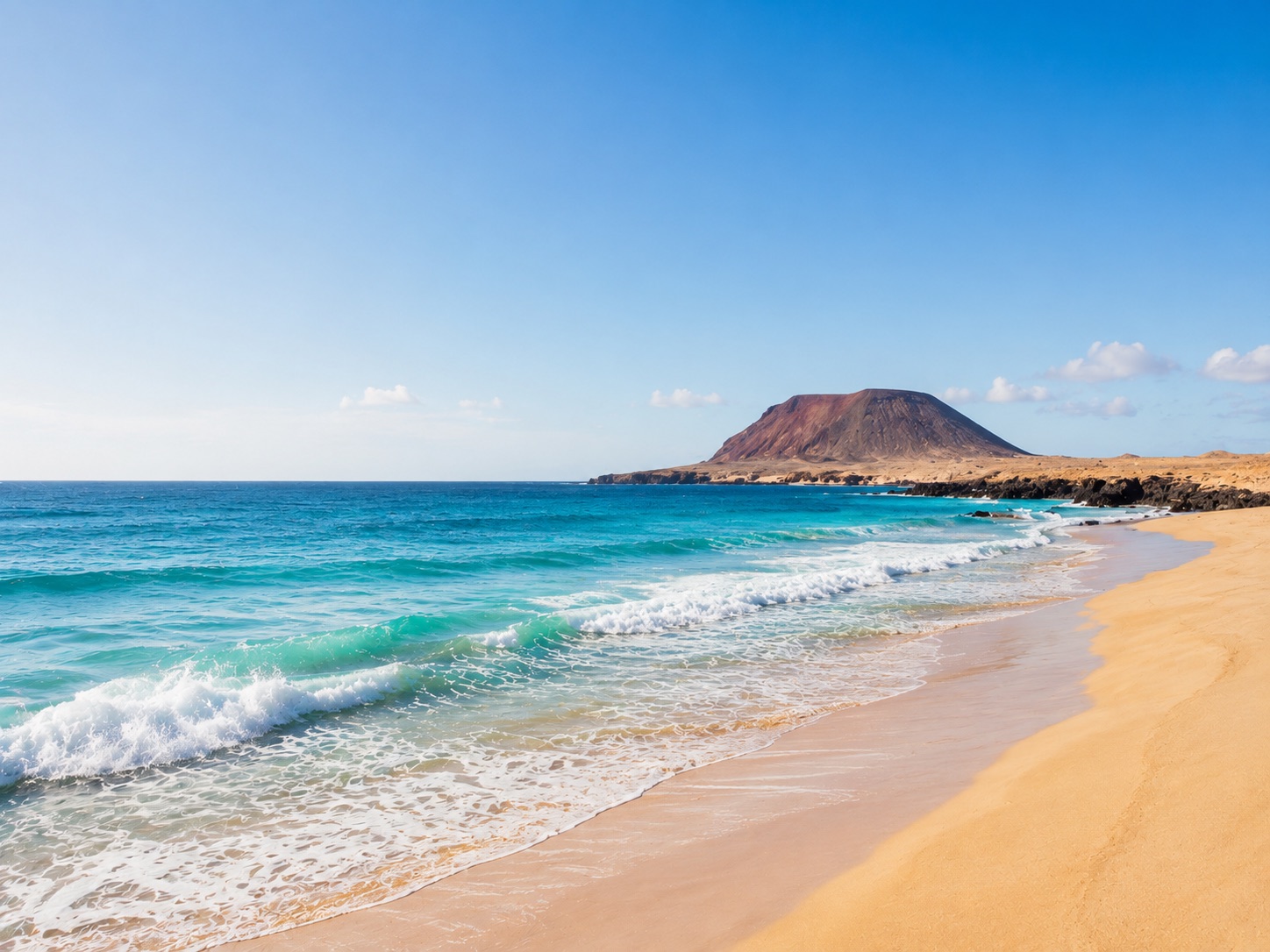 Einsamer Strand Playa de las Conchas mit Blick auf Montaña Clara auf La Graciosa