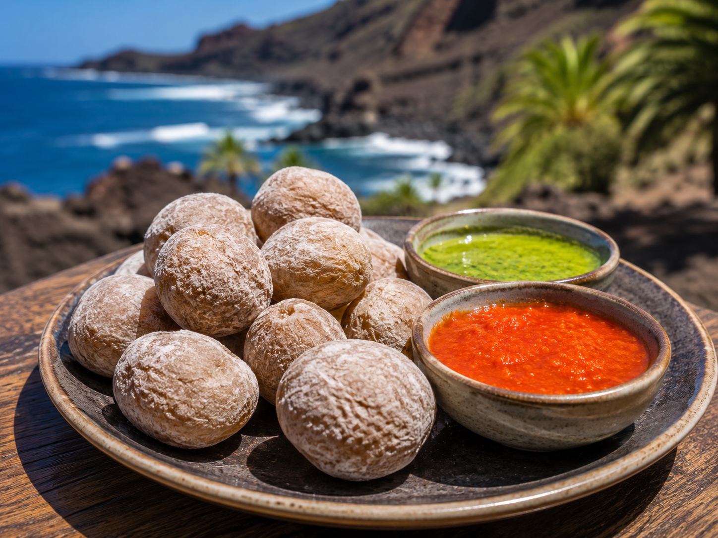 Runzelkartoffeln mit Mojo-Saucen, Spezialität von La Palma