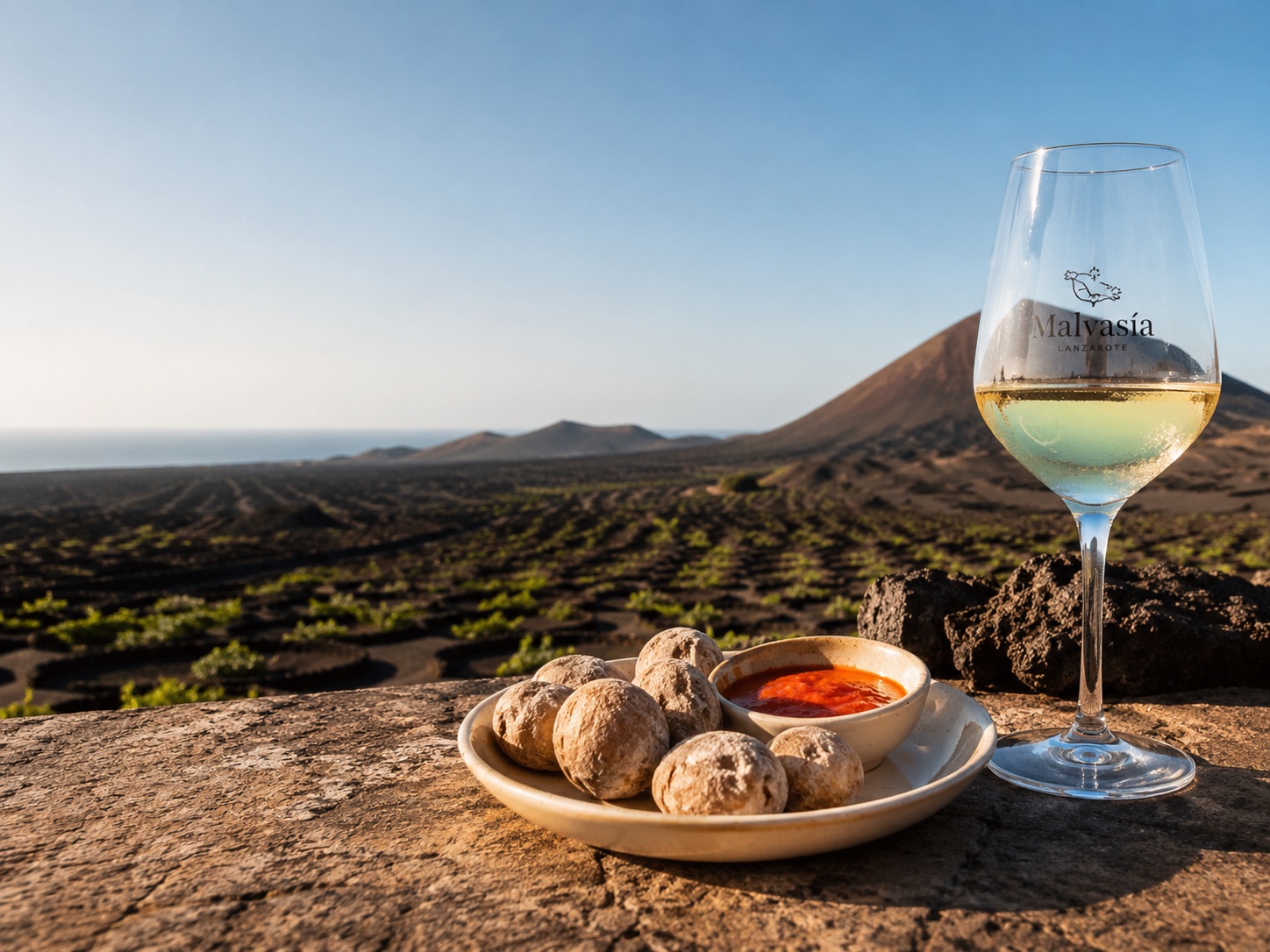 Kanarische Spezialitäten mit Mojo und Wein aus La Geria