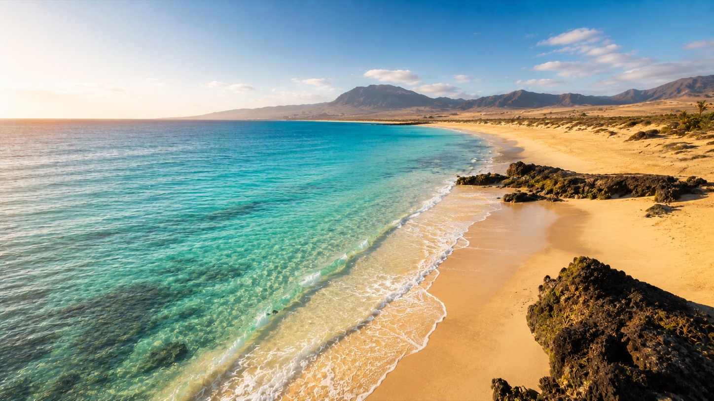 Türkises Wasser und heller Sandstrand auf den Kanarischen Inseln